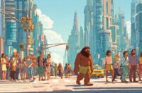 Image of a neanderthal walking through a modern city.