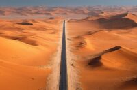 Image of a straight road running through a Namibian desert.